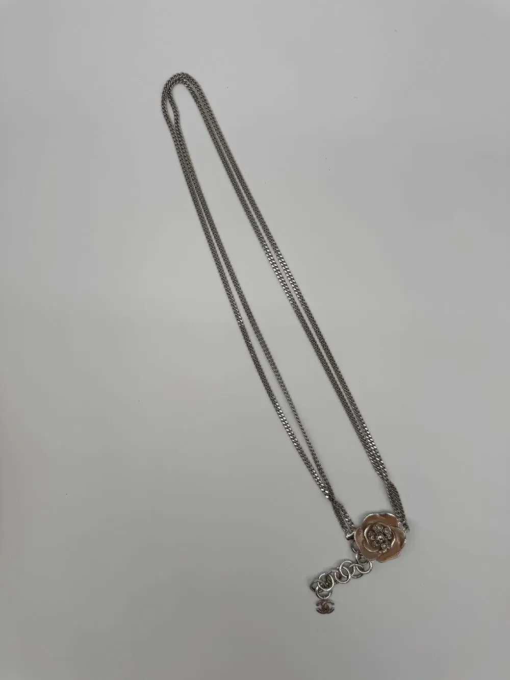 Chanel 04P Camellia CC Charm Silver Tone Chain Belt Pink Enamel Vintage